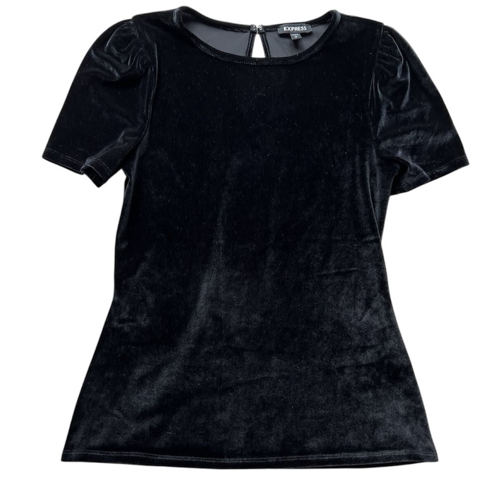 ❤️ EXPRESS BLACK VELVET SHORT PUFF SLEEVE TEE Top Small Stretch Blouse Size XS